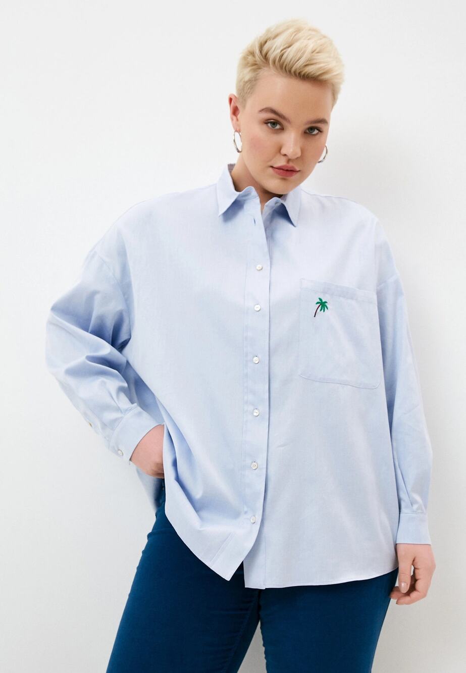 NWT Marina Rinaldi Women's Blue Falesia Button Up Cotton Shirt Plus sz 22 Preppy